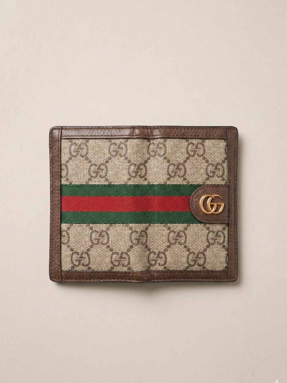 GUCCI Ophidia GG Supreme Canvas Bi-Fold Wallet Brown Leather Web Stripe